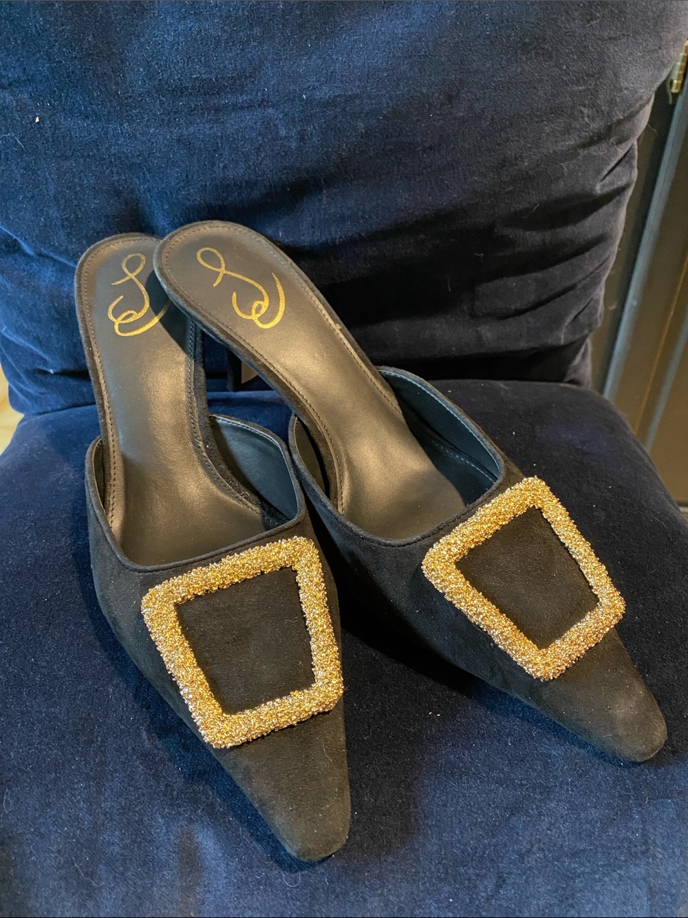 Sam Edelman Black Pointed Slip-On Mule with Gold Beaded Square
